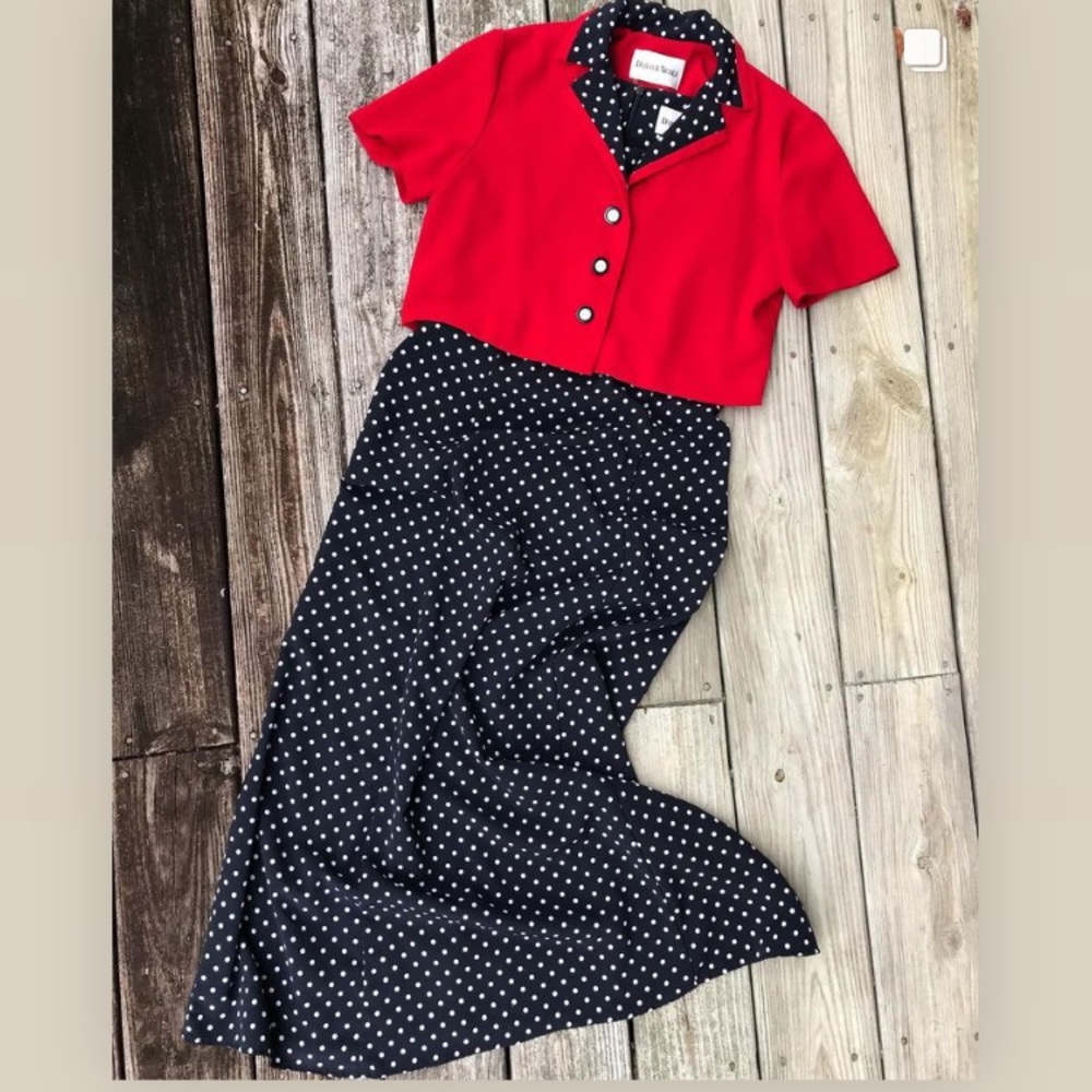 80’s/90’s Danny & Nicole Navy Polka Maxi Dress w/Cropped Red Jacket